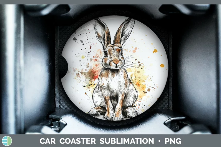 Watercolor Splash Snowshoe Hare Car Coaster Sublimation Des