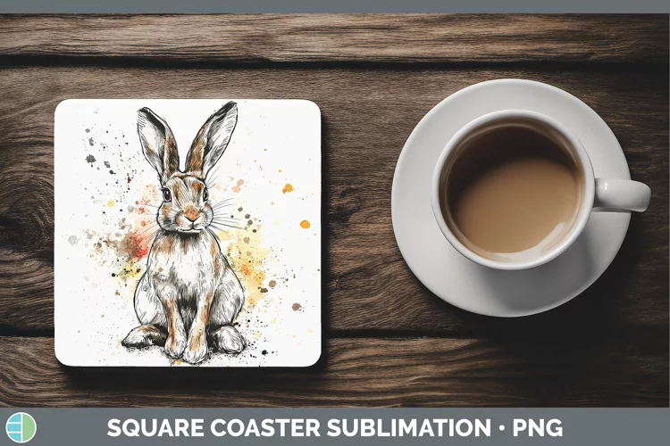 Watercolor Splash Snowshoe Hare Square Coaster Sublimation C