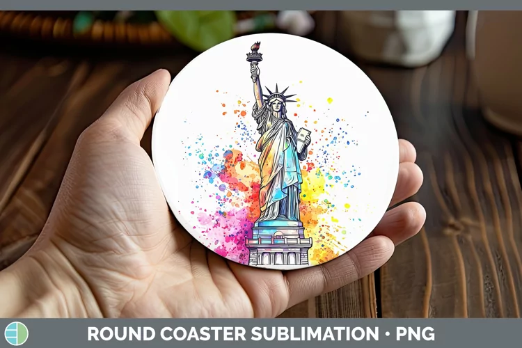 Watercolor Splash Statue of Liberty Round Coaster Sublimatio