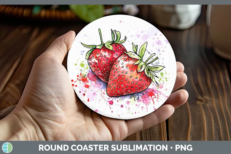 Watercolor Splash Strawberry Round Coaster Sublimation Coast