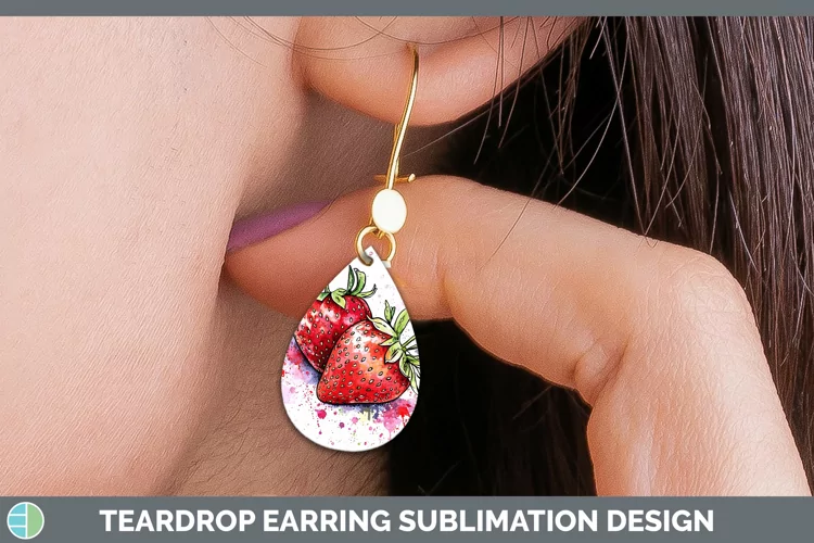 Watercolor Splash Strawberry Teardrop Earrings Sublimation E