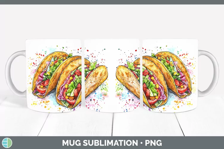 Watercolor Splash Tacos Mug Wrap Sublimation Coffee Cup Desi