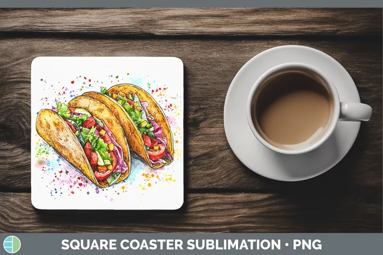 Watercolor Splash Tacos Square Coaster Sublimation Coaster D