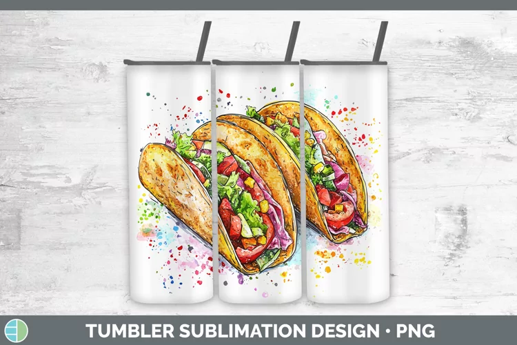 Watercolor Splash Tacos Tumbler Sublimation 20 oz Skinny Tum