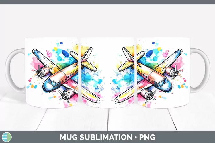 Watercolor Splash Toy Airplane Mug Wrap Sublimation Coffee C