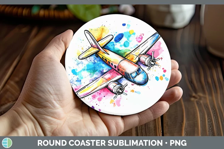 Watercolor Splash Toy Airplane Round Coaster Sublimation Coa