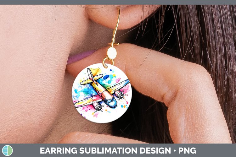 Watercolor Splash Toy Airplane Round Earrings Sublimation Ea