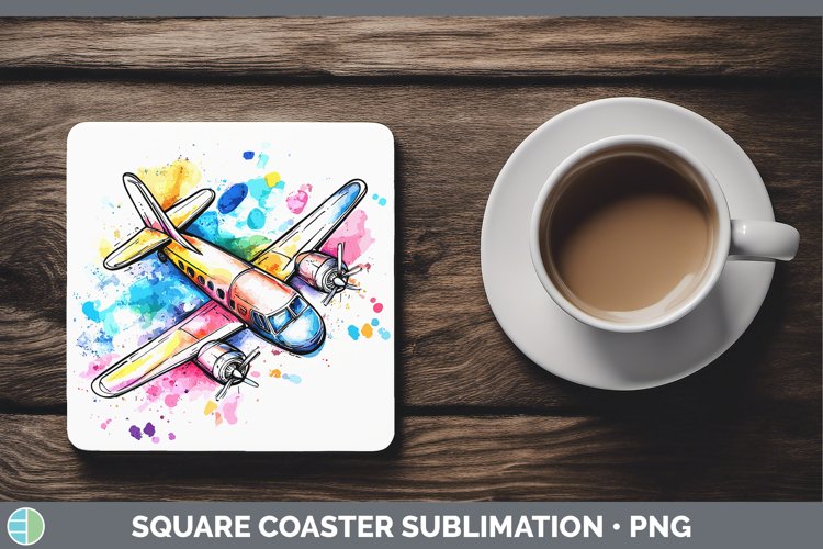Watercolor Splash Toy Airplane Square Coaster Sublimation Co
