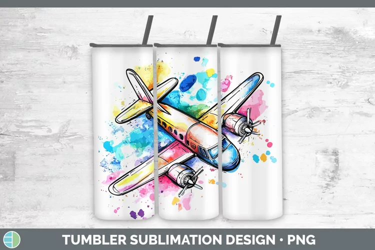 Watercolor Splash Toy Airplane Tumbler Sublimation 20 oz Ski