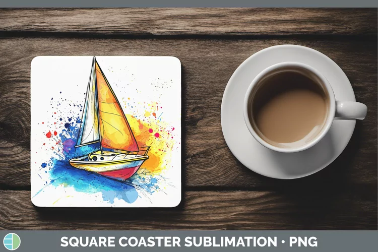 Watercolor Splash Toy Boat Square Coaster Sublimation Coaste