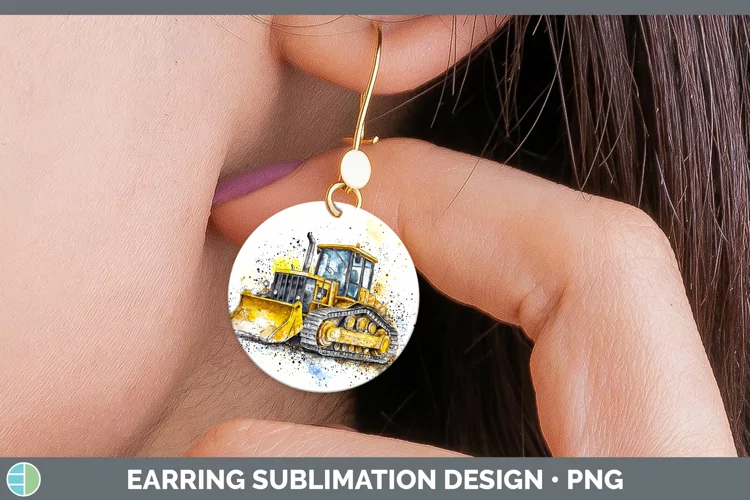 Watercolor Splash Toy Bulldozer Round Earrings Sublimation E