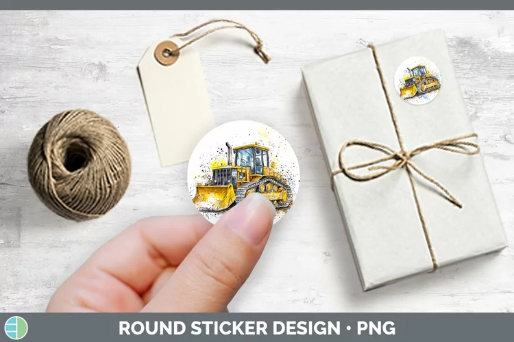 Watercolor Splash Toy Bulldozer Stickers | Round Labels Desi