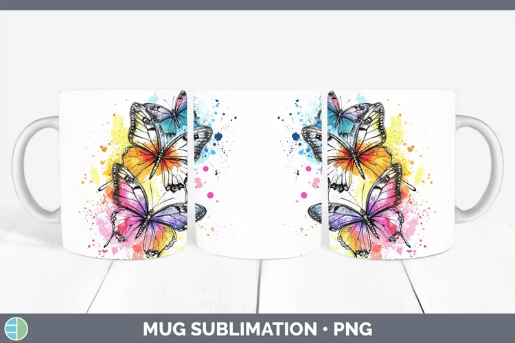 Watercolor Splash Toy Butterflies Mug Wrap Sublimation Coffe