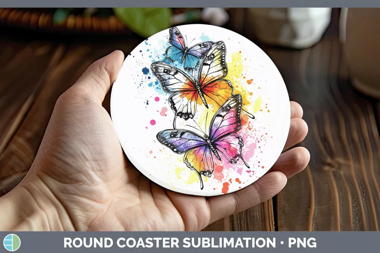 Watercolor Splash Toy Butterflies Round Coaster Sublimation