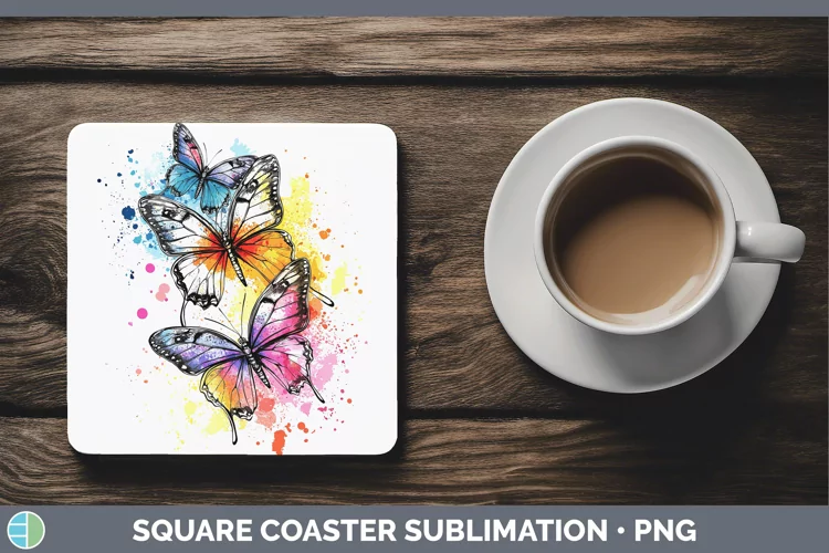 Watercolor Splash Toy Butterflies Square Coaster Sublimation