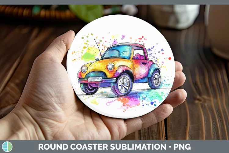 Watercolor Splash Toy Car Round Coaster Sublimation Coaster