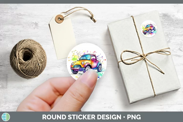 Watercolor Splash Toy Car Stickers | Round Labels Designs