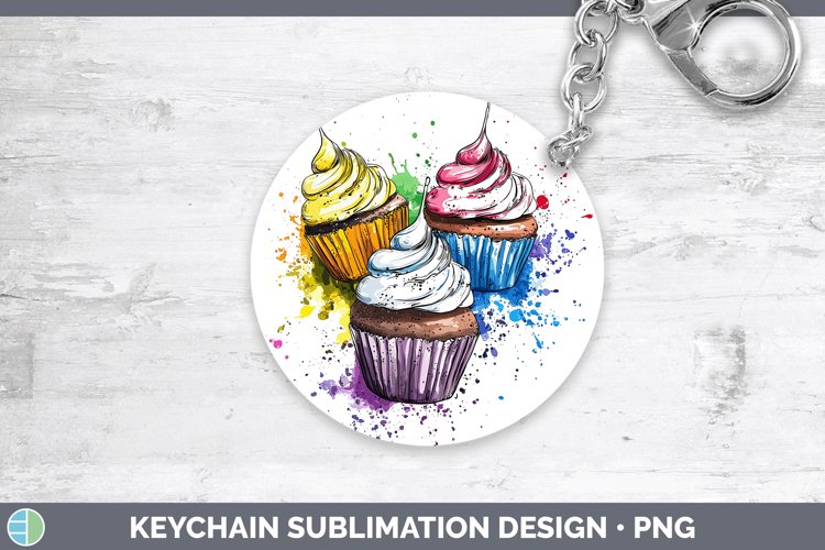 Watercolor Splash Toy Cup Cake Keychain Sublimation Keyring