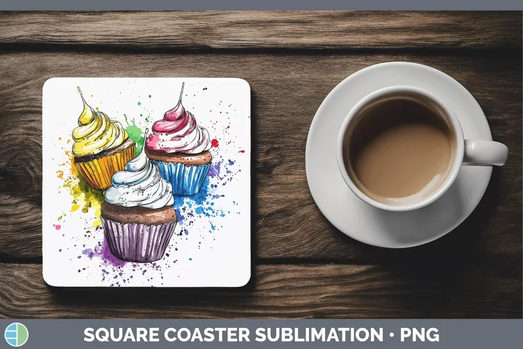 Watercolor Splash Toy Cup Cake Square Coaster Sublimation Co