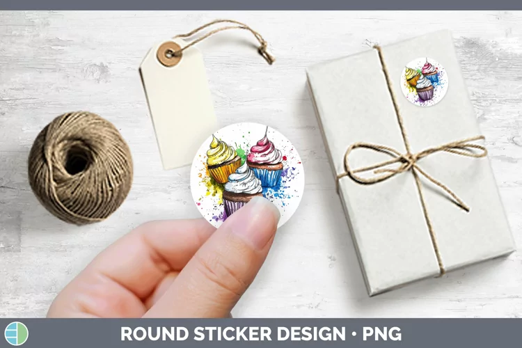 Watercolor Splash Toy Cup Cake Stickers | Round Labels Desig