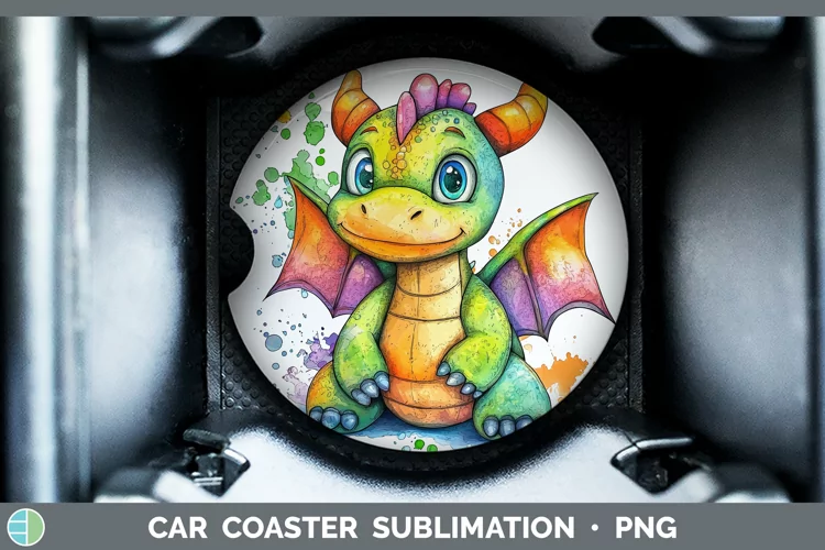 Watercolor Splash Toy Dragon Car Coaster Sublimation Design