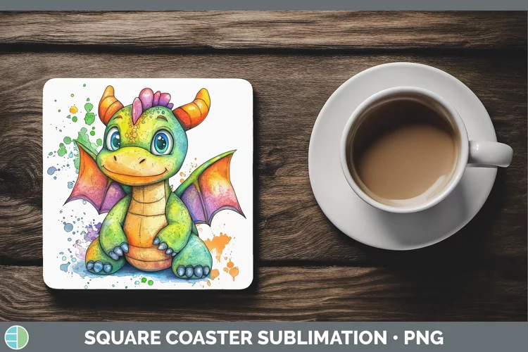 Watercolor Splash Toy Dragon Square Coaster Sublimation Coas