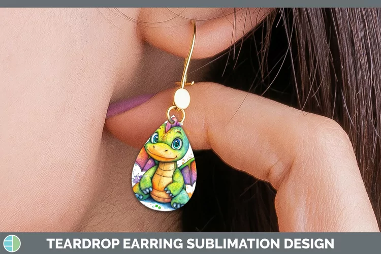 Watercolor Splash Toy Dragon Teardrop Earrings Sublimation E