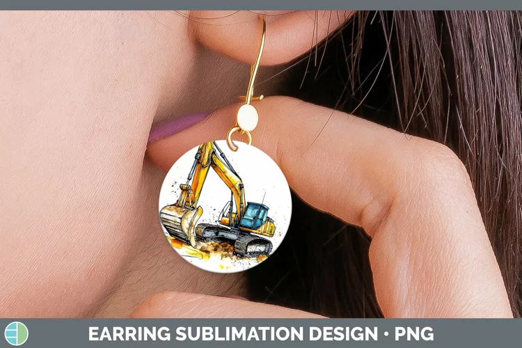 Watercolor Splash Toy Excavator Round Earrings Sublimation E