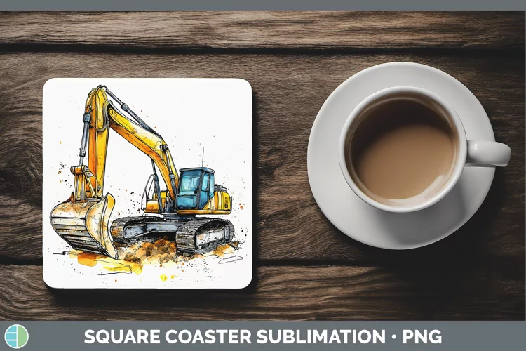 Watercolor Splash Toy Excavator Square Coaster Sublimation C