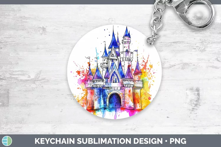 Watercolor Splash Toy Fairytale Castle Keychain Sublimation