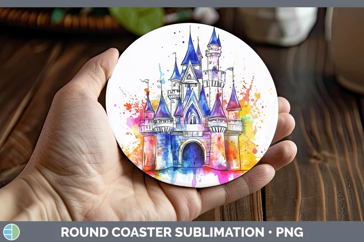 Watercolor Splash Toy Fairytale Castle Round Coaster Sublima