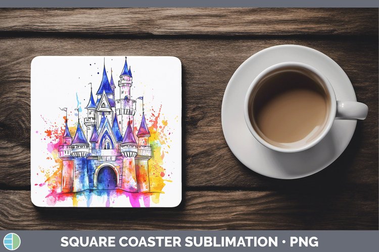 Watercolor Splash Toy Fairytale Castle Square Coaster Sublim