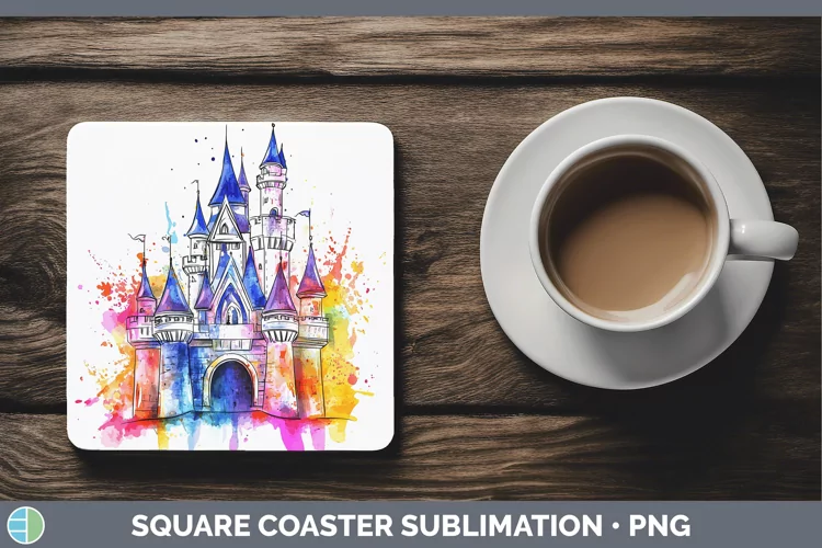 Watercolor Splash Toy Fairytale Castle Square Coaster Sublim