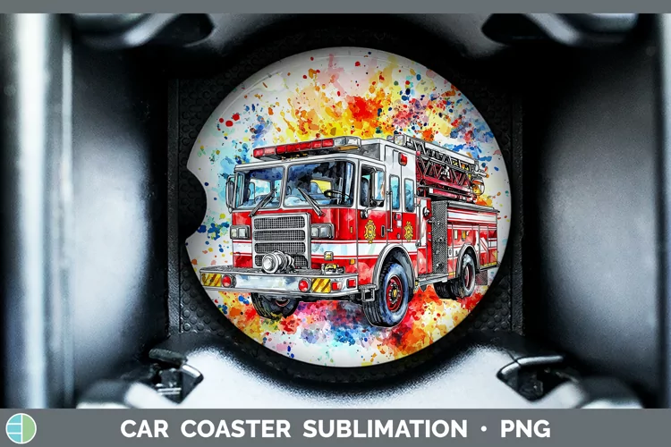 Watercolor Splash Toy Firetruck Car Coaster Sublimation Des