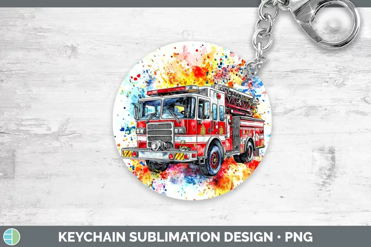 Watercolor Splash Toy Firetruck Keychain Sublimation Keyring