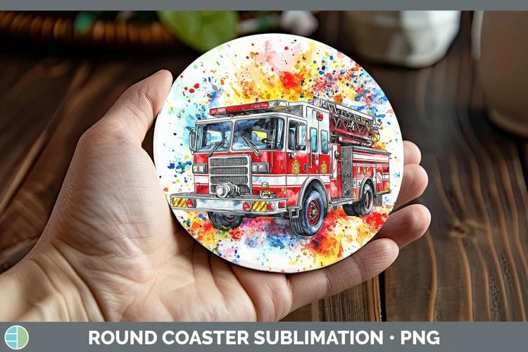 Watercolor Splash Toy Firetruck Round Coaster Sublimation Co