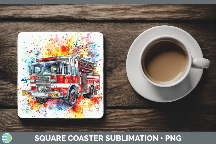 Watercolor Splash Toy Firetruck Square Coaster Sublimation C
