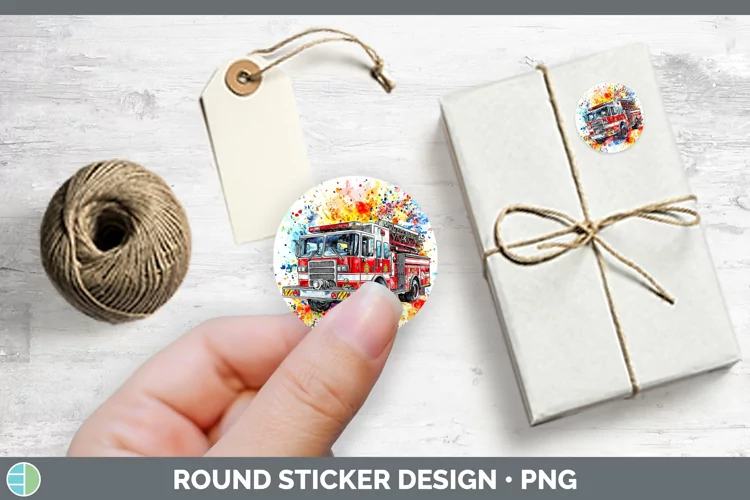 Watercolor Splash Toy Firetruck Stickers | Round Labels Desi