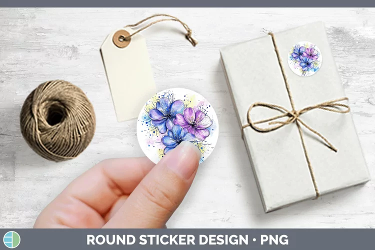 Watercolor Splash Toy Flowers Stickers | Round Labels Design