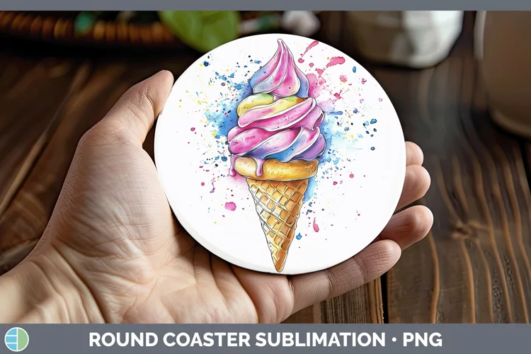Watercolor Splash Toy Ice Cream Cone Round Coaster Sublimati