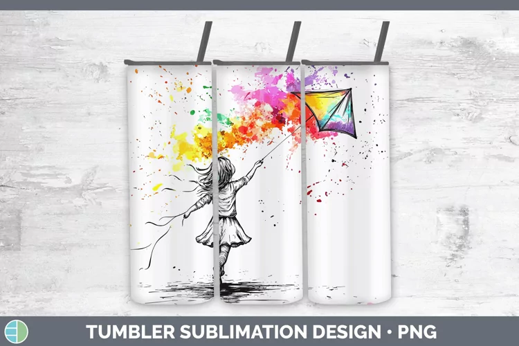 Watercolor Splash Toy Kite Tumbler Sublimation 20 oz Skinny
