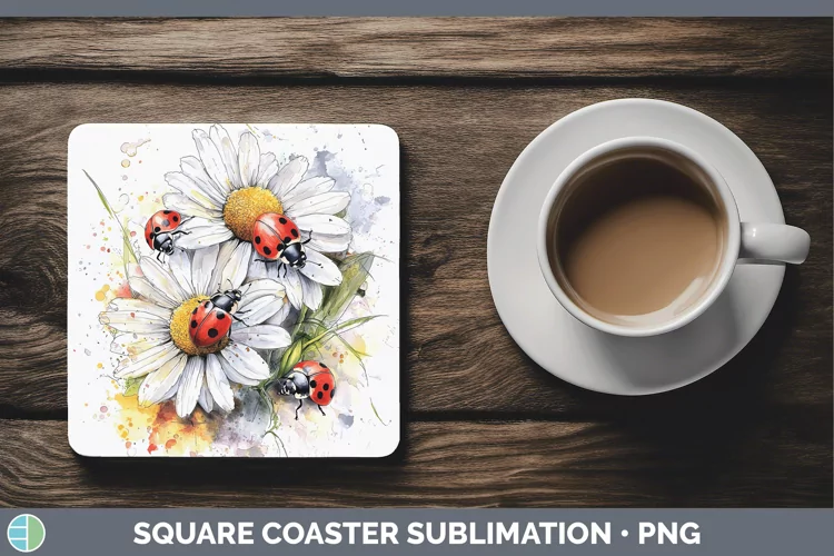 Watercolor Splash Toy Lady Bugs Square Coaster Sublimation C