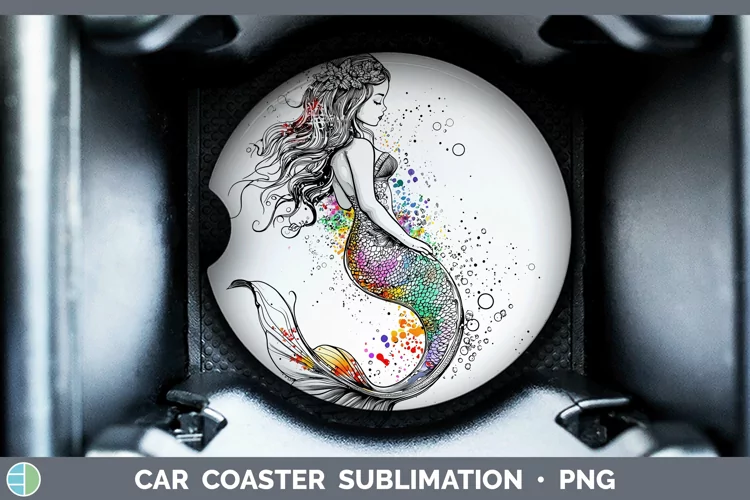 Watercolor Splash Toy Mermaid Car Coaster Sublimation Desig