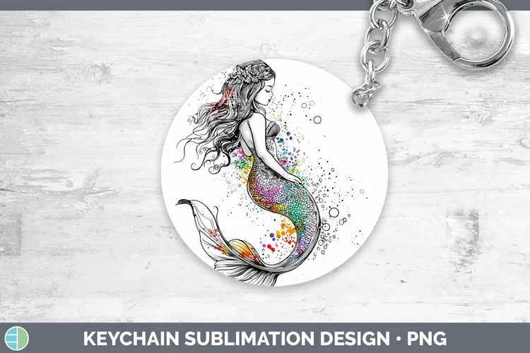 Watercolor Splash Toy Mermaid Keychain Sublimation Keyring D