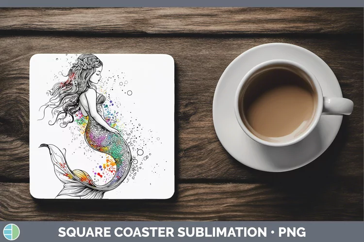 Watercolor Splash Toy Mermaid Square Coaster Sublimation Coa