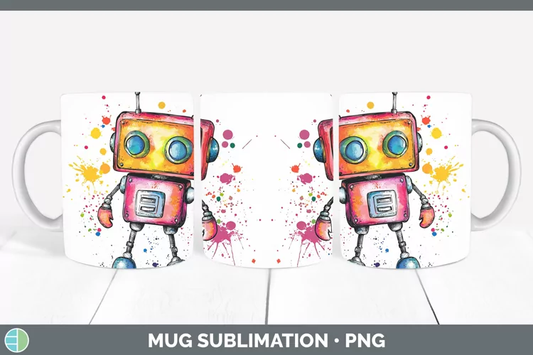 Watercolor Splash Toy Robot Mug Wrap Sublimation Coffee Cup