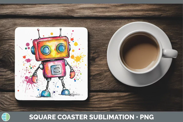 Watercolor Splash Toy Robot Square Coaster Sublimation Coast