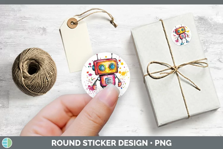 Watercolor Splash Toy Robot Stickers | Round Labels Designs