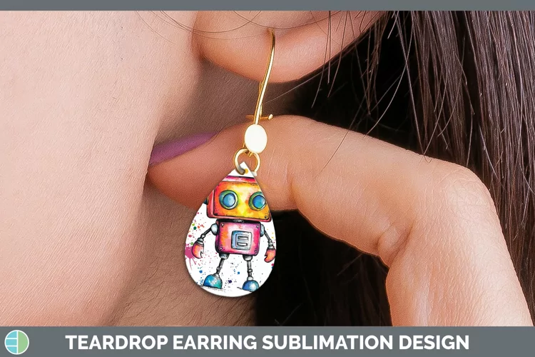 Watercolor Splash Toy Robot Teardrop Earrings Sublimation Ea