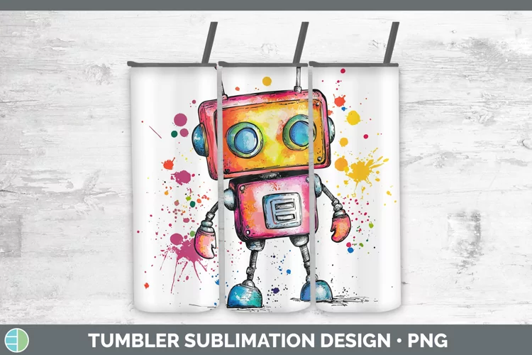 Watercolor Splash Toy Robot Tumbler Sublimation 20 oz Skinny
